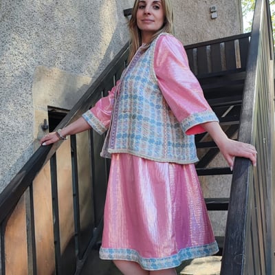 Robe rose lycra et laine recycles forme empire collection deuxieme vie fifi au jardin i10