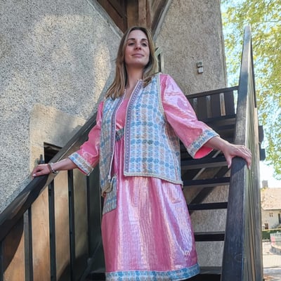 Robe rose lycra et laine recycles forme empire collection deuxieme vie fifi au jardin i11
