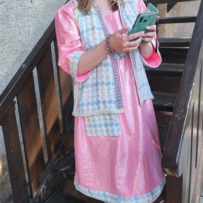 Robe rose lycra et laine recycles forme empire collection deuxieme vie fifi au jardin i16