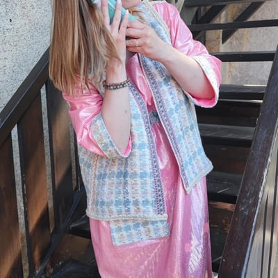 Robe rose lycra et laine recycles forme empire collection deuxieme vie fifi au jardin i19