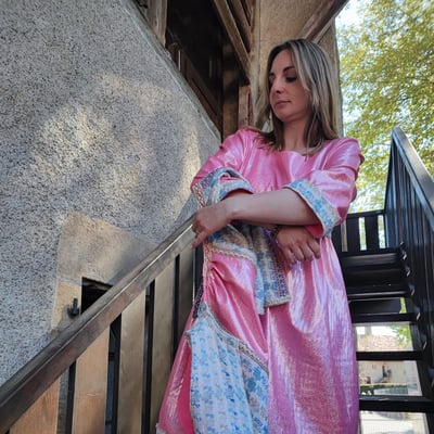 Robe rose lycra et laine recycles forme empire collection deuxieme vie fifi au jardin i20