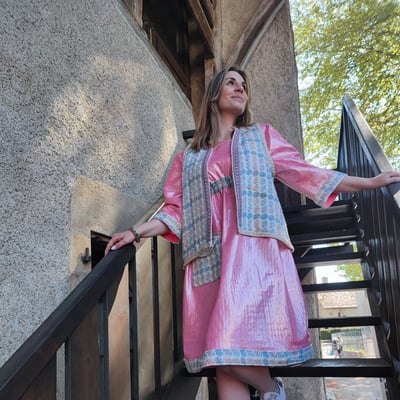 Robe rose lycra et laine recycles forme empire collection deuxieme vie fifi au jardin i25