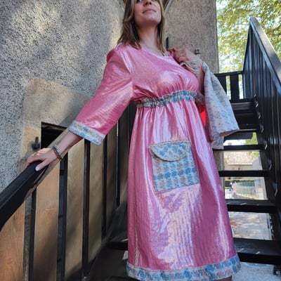 Robe rose lycra et laine recycles forme empire collection deuxieme vie fifi au jardin i26