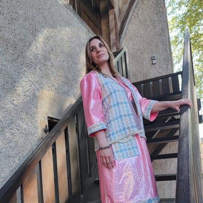 Robe rose lycra et laine recycles forme empire collection deuxieme vie fifi au jardin i4
