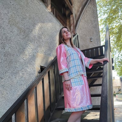 Robe rose lycra et laine recycles forme empire collection deuxieme vie fifi au jardin i6