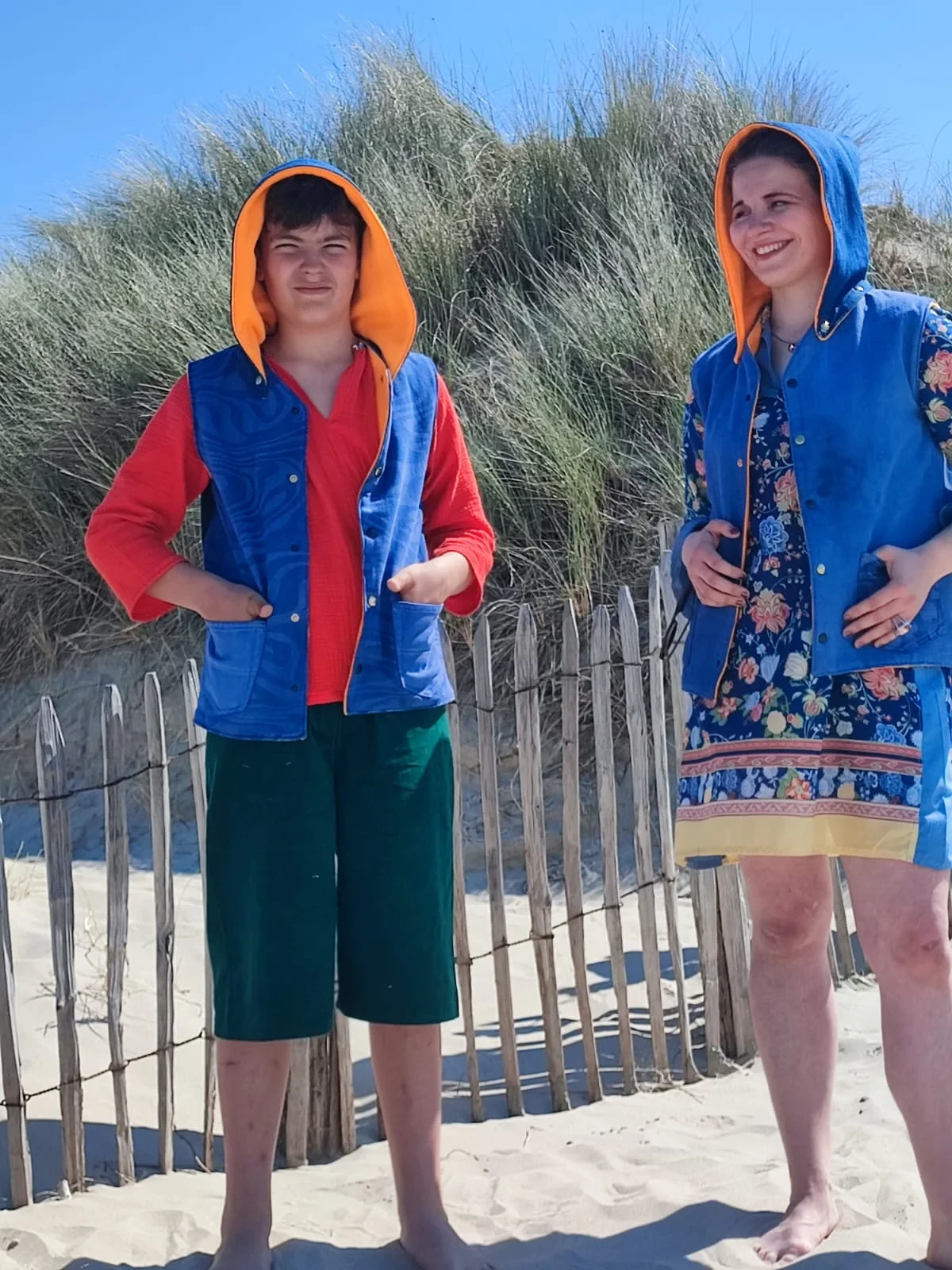 Veste barnabe reversible innovante avec capuche amovible jeans et polaire fait main fifi au jardin i1