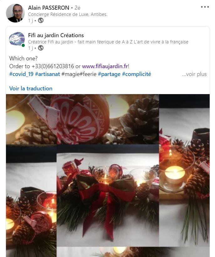 Article linkedin par alain passeron concierge de luxe antibes pour les compositions couture et nature fifi au jardin
