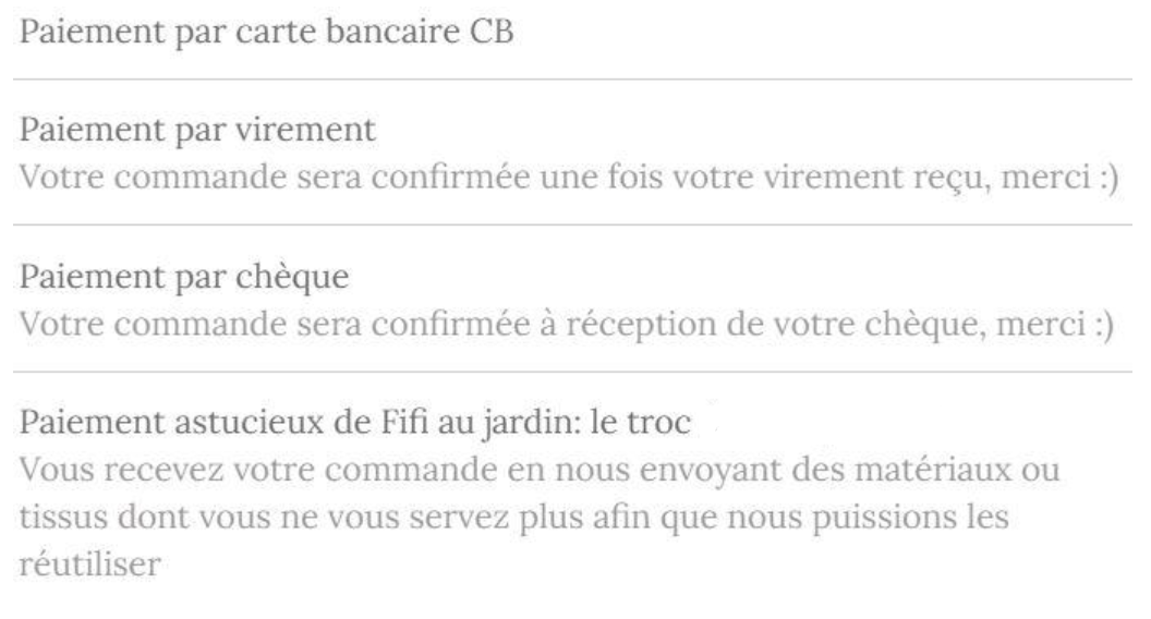 Modes de paiement fifi au jardin boutique en ligne